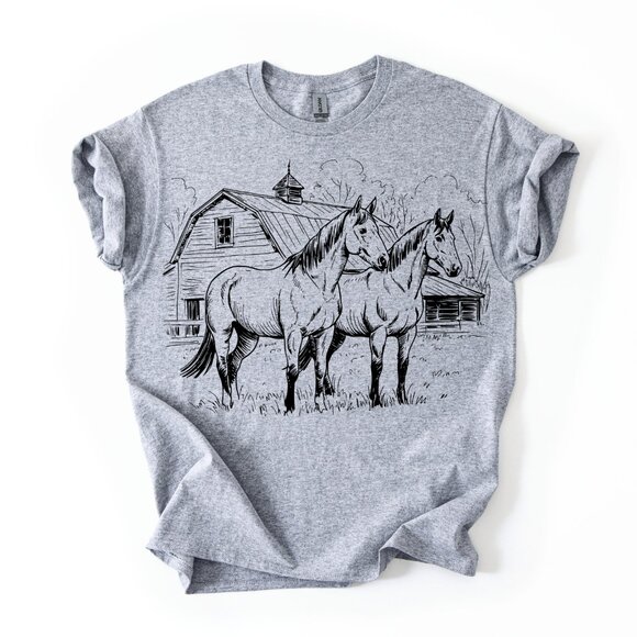 Women's Horse T-Shirt Barn Farm Graphic Tee Equestrian Lover Gift Grey Western - Picture 1 of 3